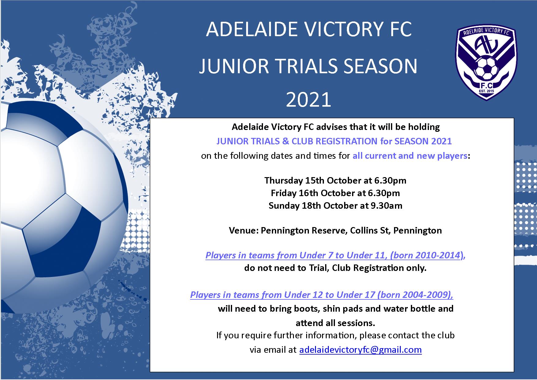 Adelaide Victory Junior Trials 2021 Football SA